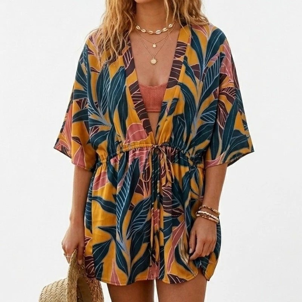 DR2 Women Tropical Leaf Kimono Cover Up Yellow Navy Pink Drawstring S/M NEW